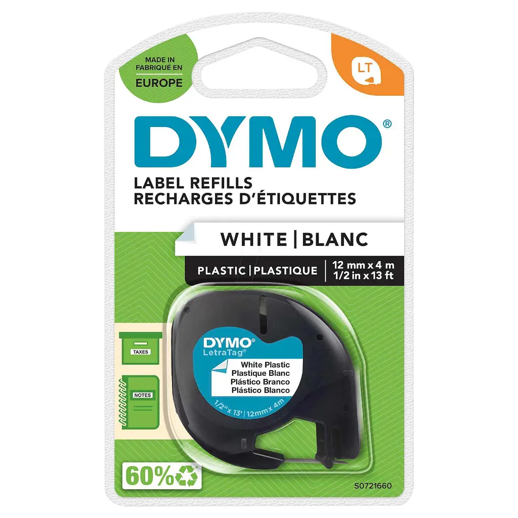 Ruban étiqueteuse 12mm Noir sur Blanc - DYMO LetraTag - Neuf