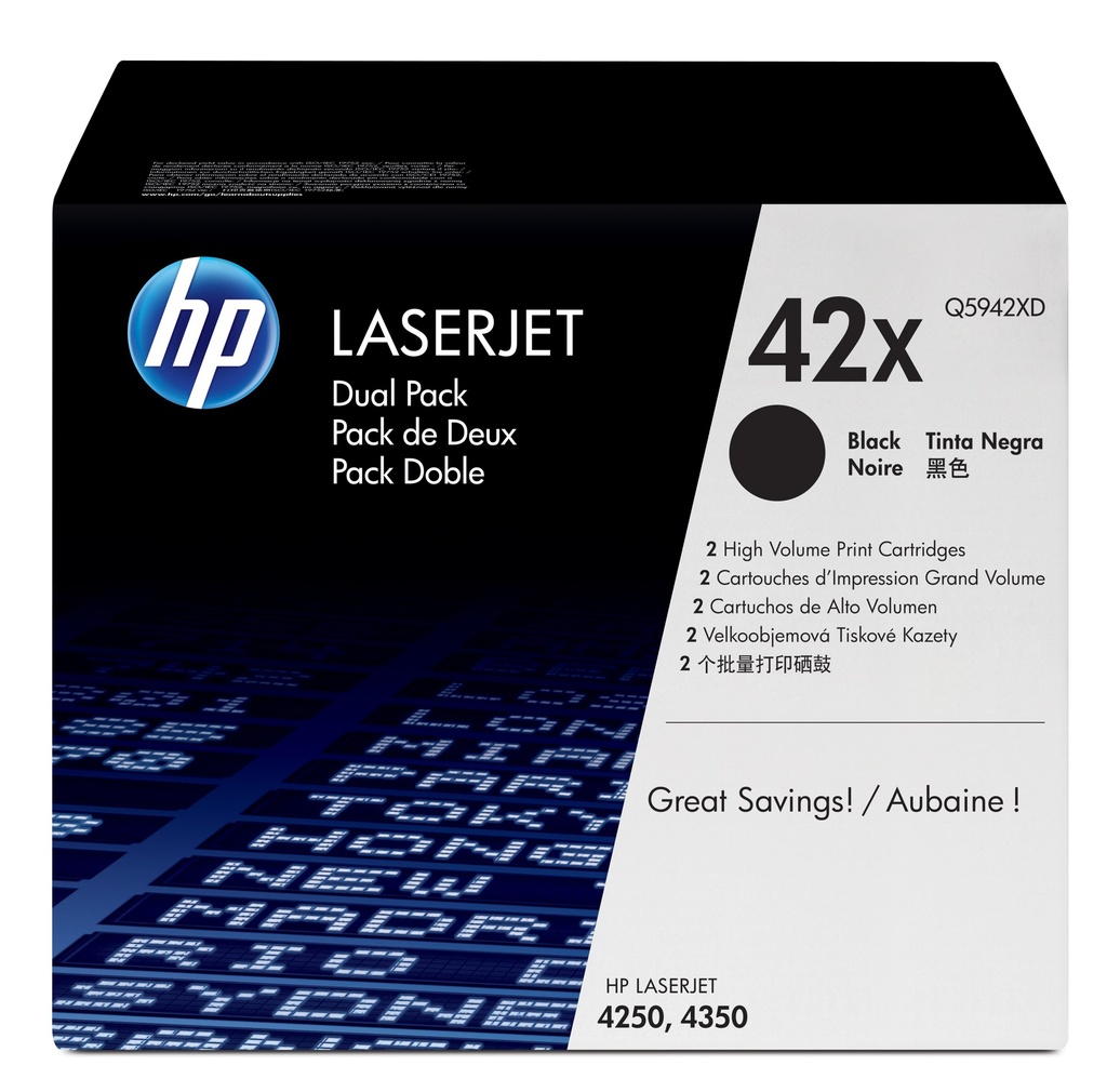 Pack 2 Toners Noirs 2x 20000 pages (Black Toner 42X Dual Pack) - HP LaserJet 4250 / 4350 - Neuf