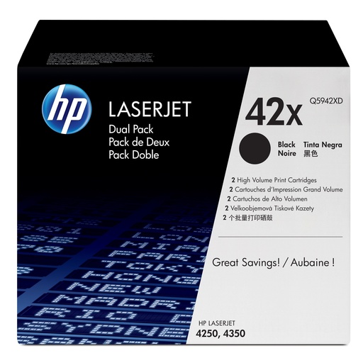 [Q5942XD] Pack 2 Toners Noirs 2x 20000 pages (Black Toner 42X Dual Pack) - HP LaserJet 4250 / 4350 - Neuf